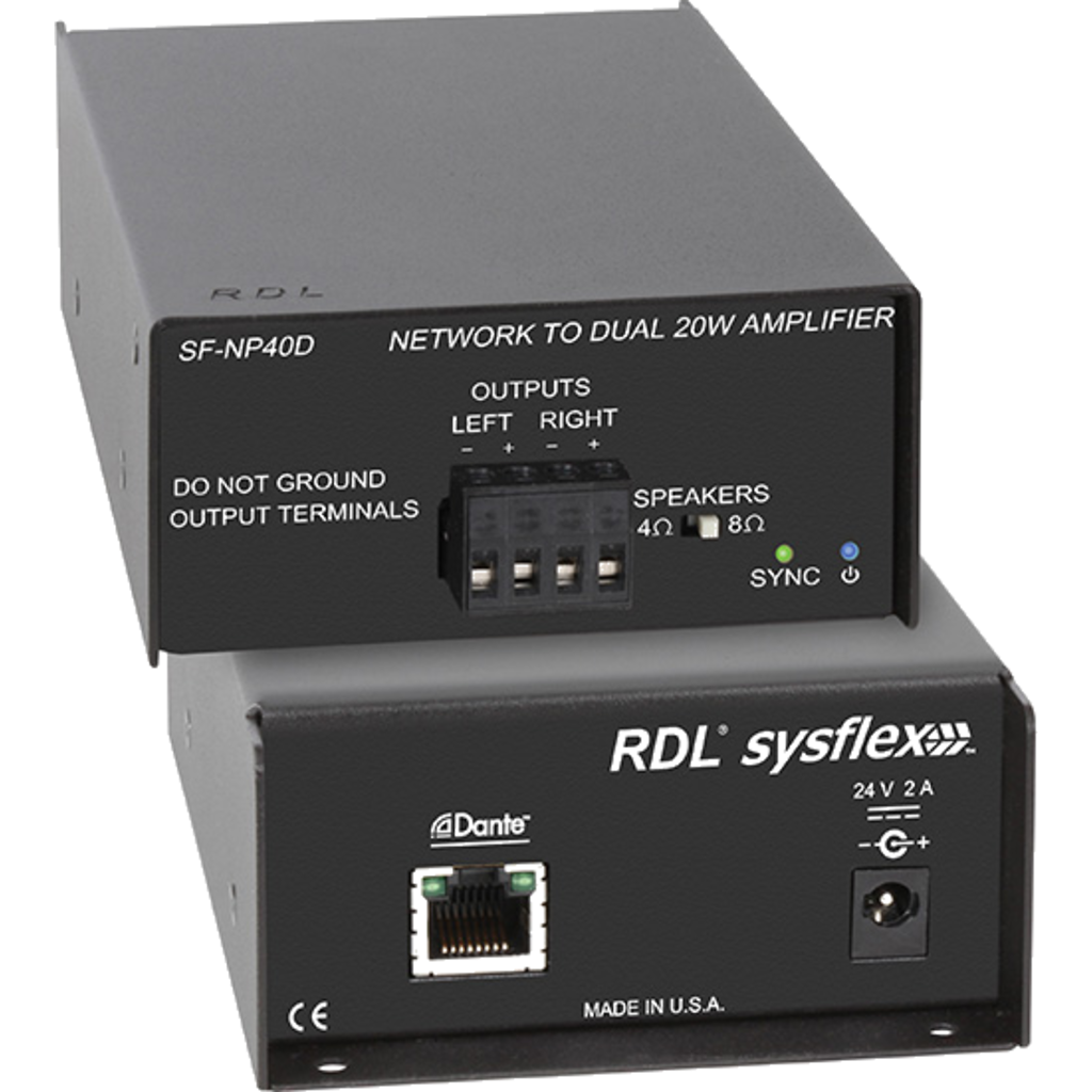 [SF-NP40DE] RDL SF-NP40DE – Dante 40 W stereo lydforsterker med 2 × 20 W utgangseffekt (uten strømkabel)