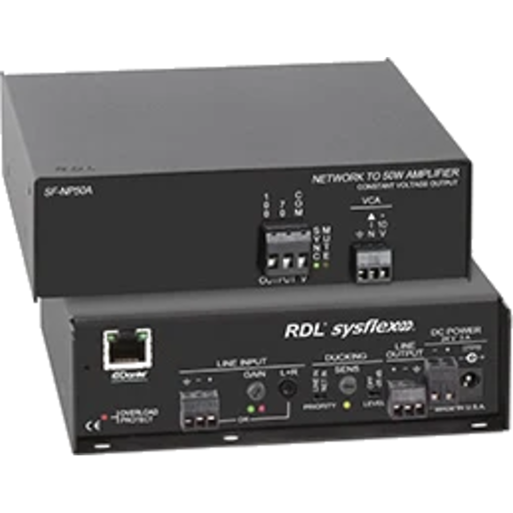 [SF-NP50AX] RDL SF-NP50AX – Dante 50 W mono lydforsterker for 70 V / 100 V systemer med VCA og strømforsyning