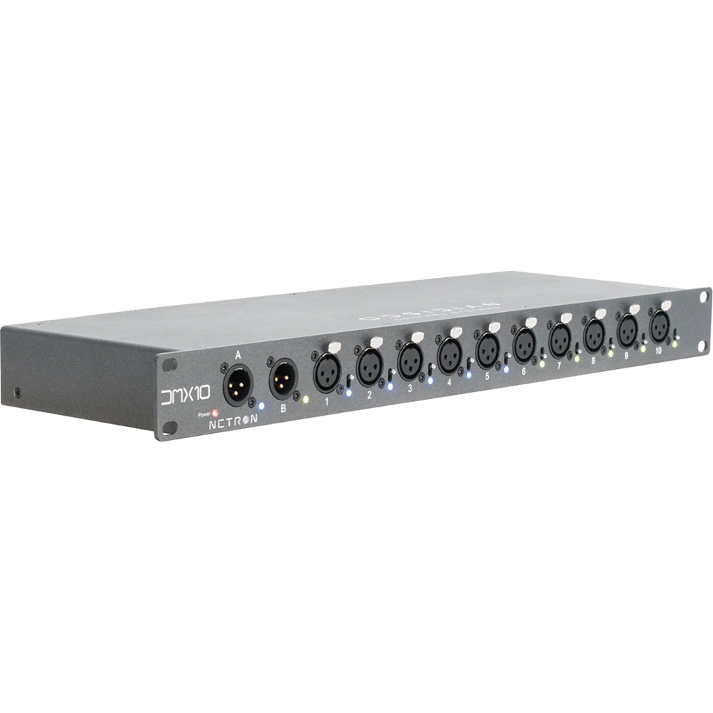 Obsidian Netron DMX10-3 er en rackmontert DMX-splitter med ti 3-pins utganger og doble innganger. 
