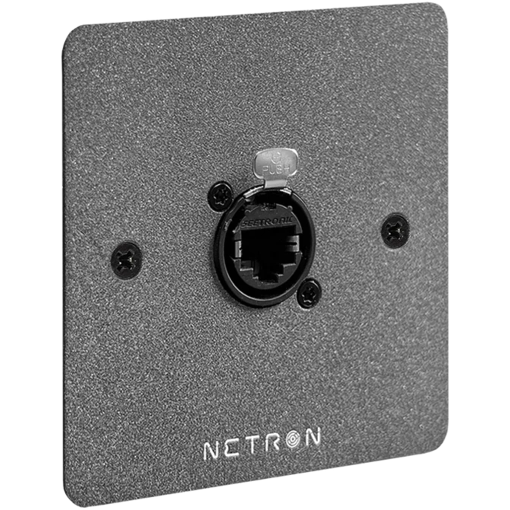 Obsidian Netron WP1CAT6-EU er et veggmontert RJ45-uttak med låsbar CAT6A-tilkobling for faste installasjoner. 