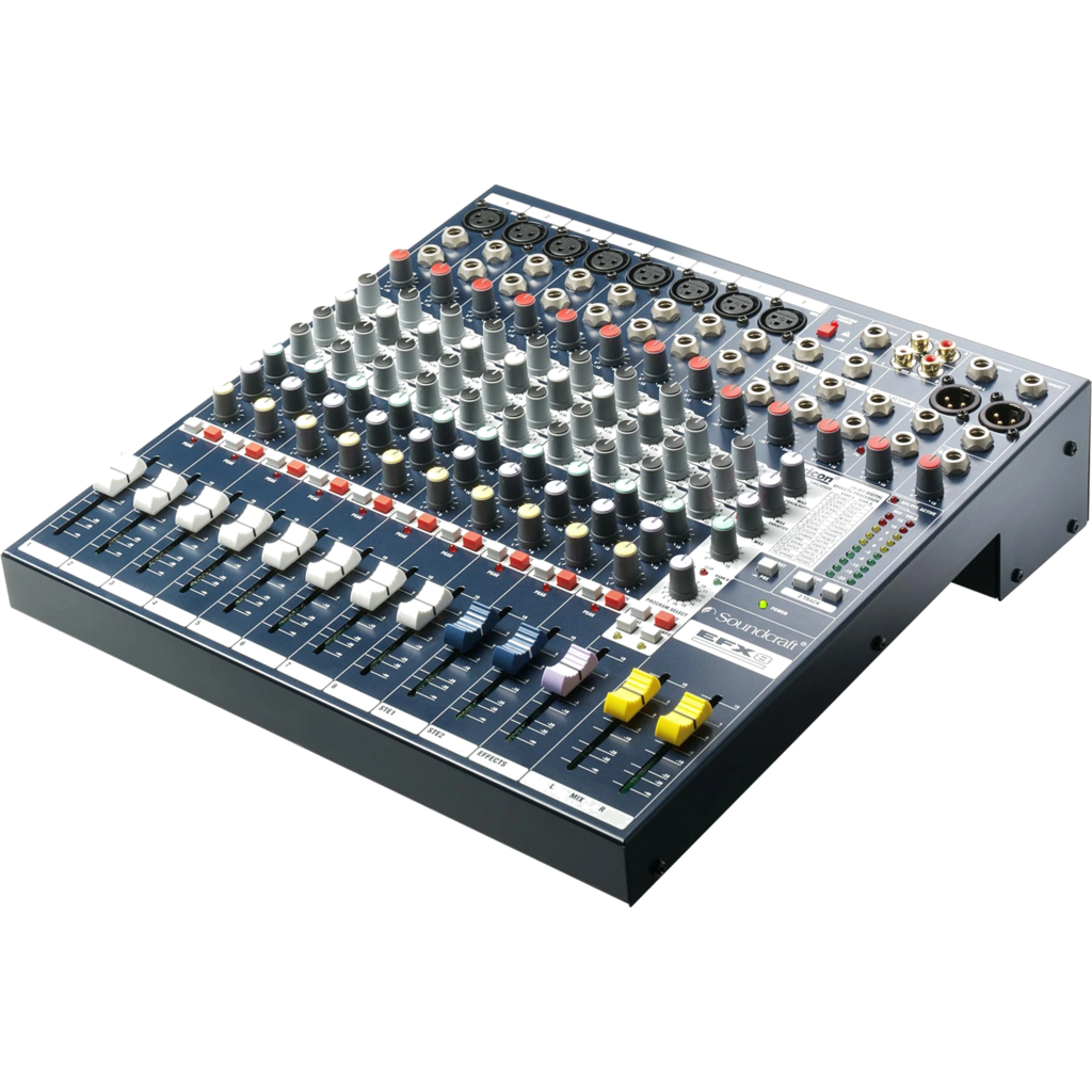 Soundcraft EFX8 er en 8+2-kanals analog mikser med innebygget 24-bit Lexicon® effektprosessor – utviklet for live-lyd, band, kirker og mindre installasjoner.