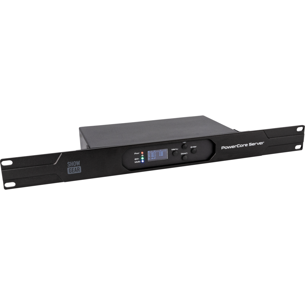 [E623050] Showgear PowerCore Server er en 1U rackmontert overvåkingsenhet for fjernmonitorering av inntil 6 PowerCore-strømdistributorer via Md-bus og IP.