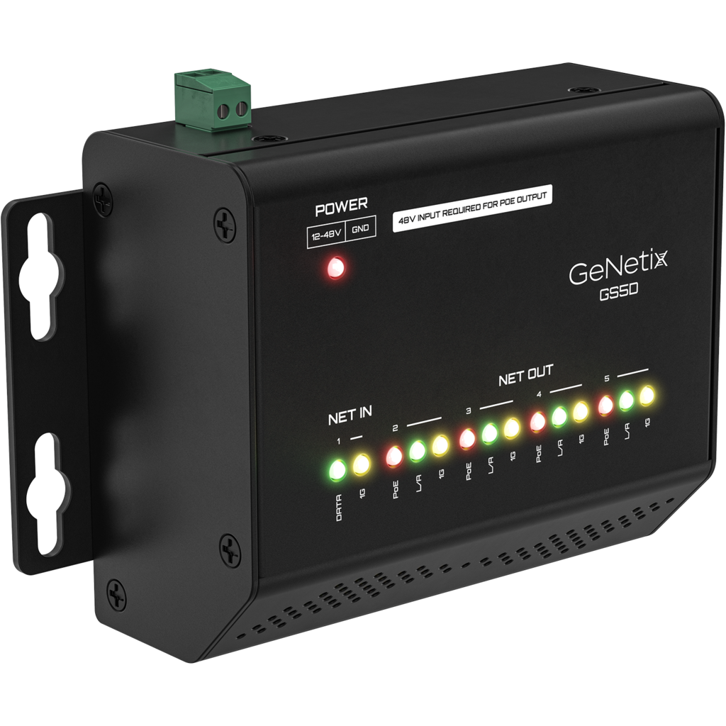 [CSY-300104] ChamSys GeNetix GS5D er en 5-ports Gigabit nettverksswitch med PoE+, DIN-skinne montering og fleksibel strømforsyning