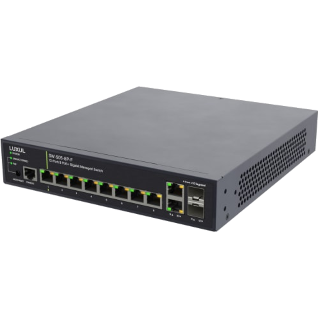 [LUX-SW-505-8P-F] Legrand SW-505-8P-F – 12-port managed PoE+ AV-nettverkssvitsj kompatibel med Dante og AES67